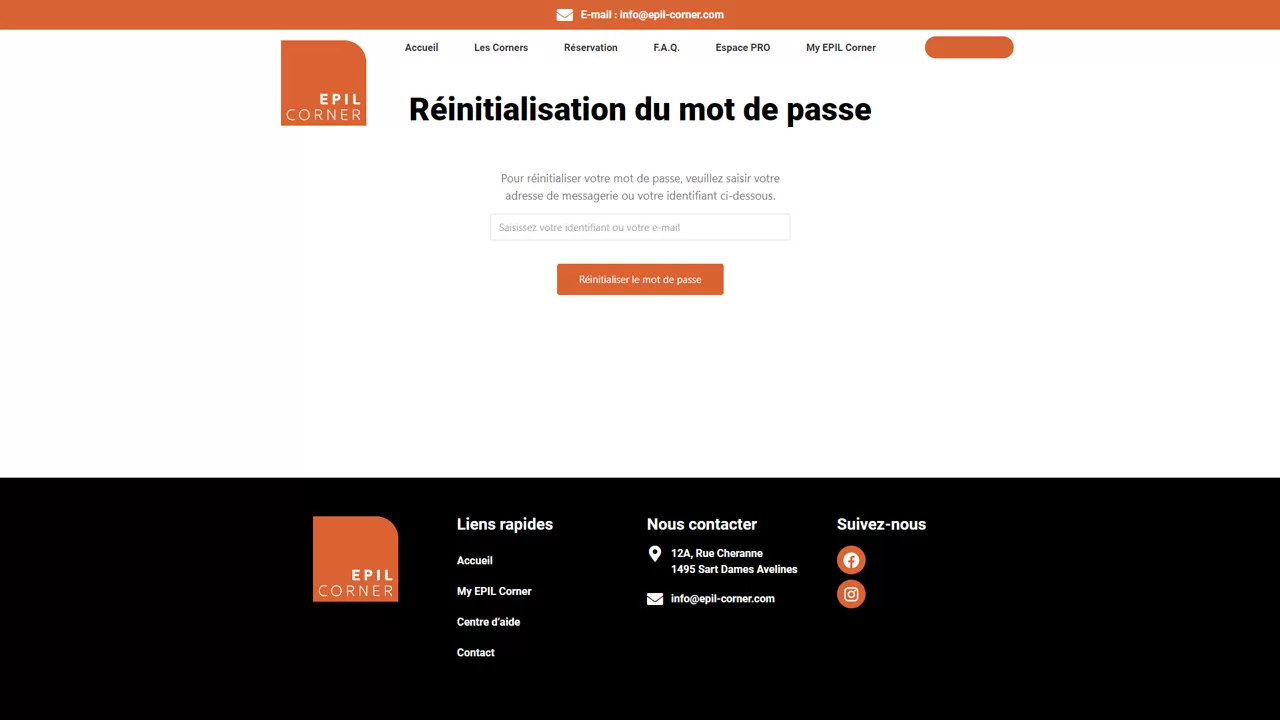 Capture d'écran de la page de réinitialisation de mot de passe